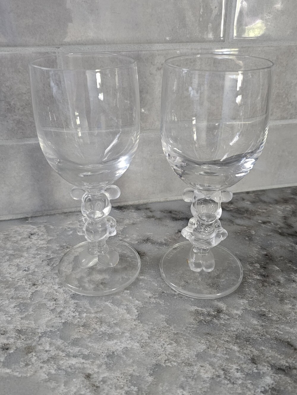 Vintage Walt Disney Co Mickey Minnie Mouse Clear Figural Glass Wine Goblets Set